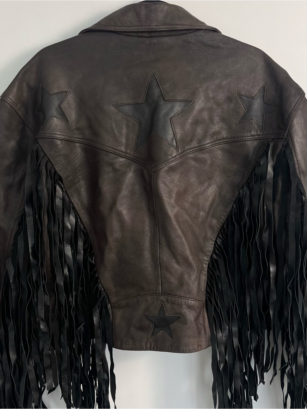 Nasty Gal Brown Leather Fringe Moto Jacket with Black Star - Picture 4 of 13
